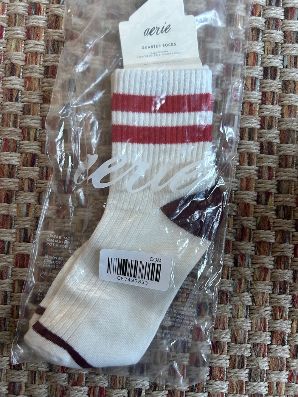 aerie Cream Quarter Socks with Red and Brown Accent Stripes
